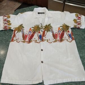 Sz L Favant Hawaiian Aloha Polynesian Shirt Surf Boards 100% Cotton White Multi
